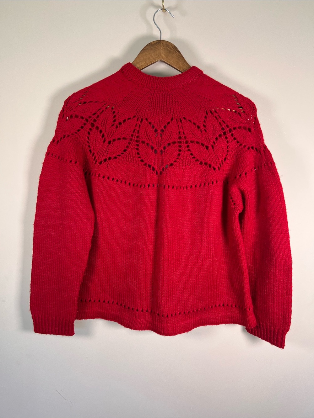 Handmade Red Openwork Lace Knit Cardigan Sweater Womens L Cottagecore Artisan - Picture 3 of 9